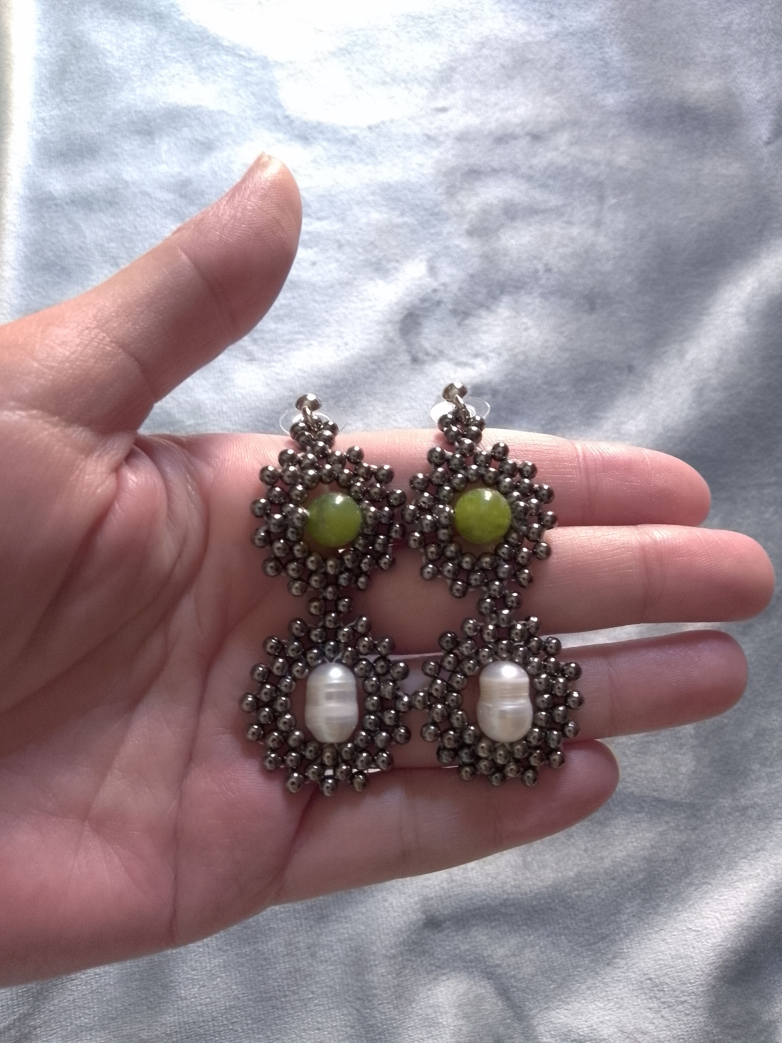 Handmade Earrings with natural freshwater pearls and green Jade Size ONE SIZE - 3 Thumbnail