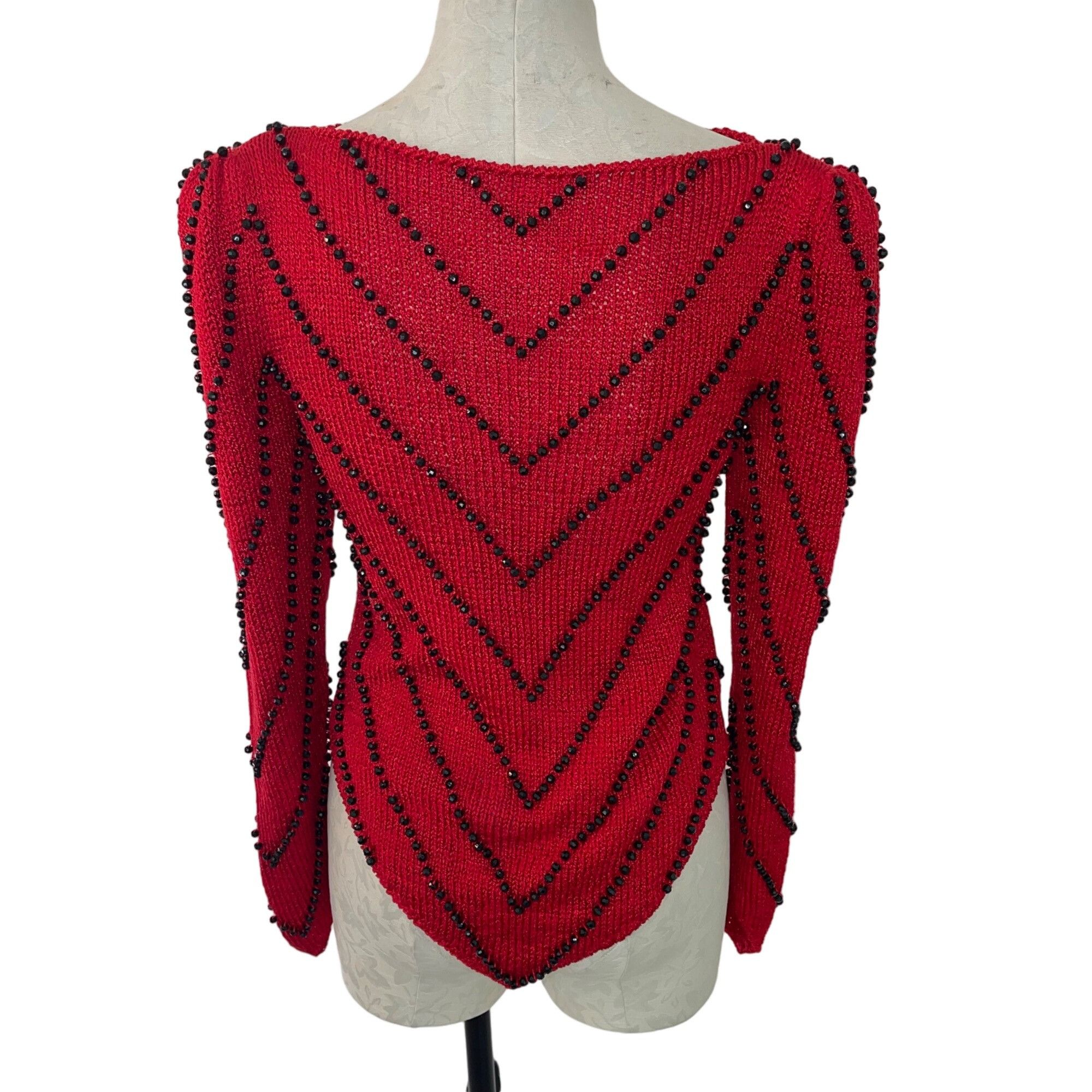 Image of Vintage Womens Sweater Size Small Red Knit Jeweled