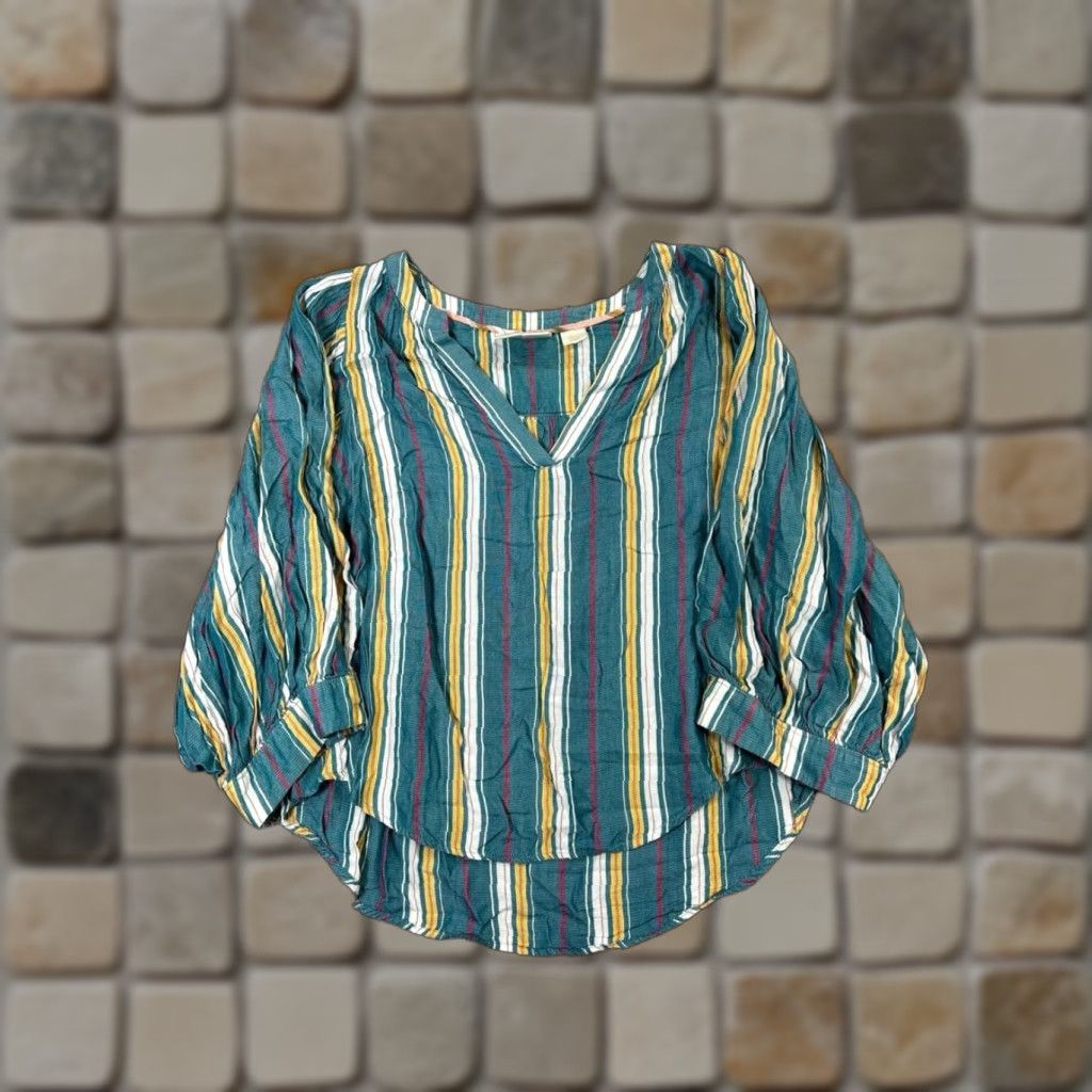 Vintage Maeve Womens Small Blue Yellow Red Shirt Blouse V-Neck Long Sleeve Rayon Casual Classic Knit Size S / US 4 / IT 40 - 1 Thumbnail
