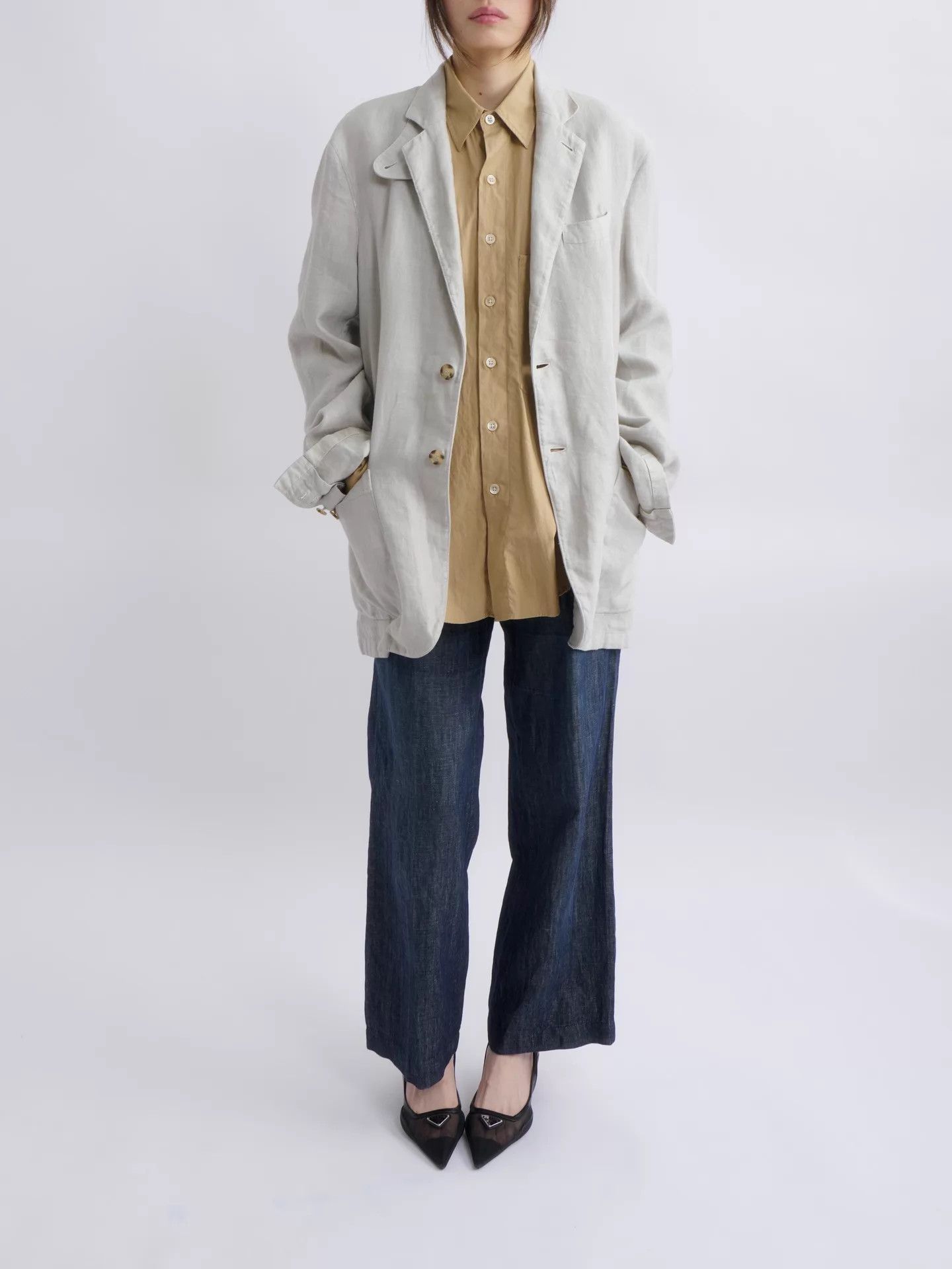 Prada PRADA 2000s Rare Convertible Collar Linen Beige Blazer 46 Size 46R - 2 Thumbnail