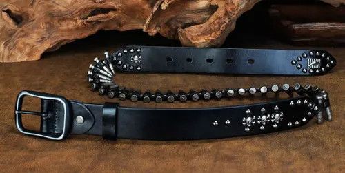 image of Leather Bullet Belt Skull Design Pin Buckle in Black, Men's