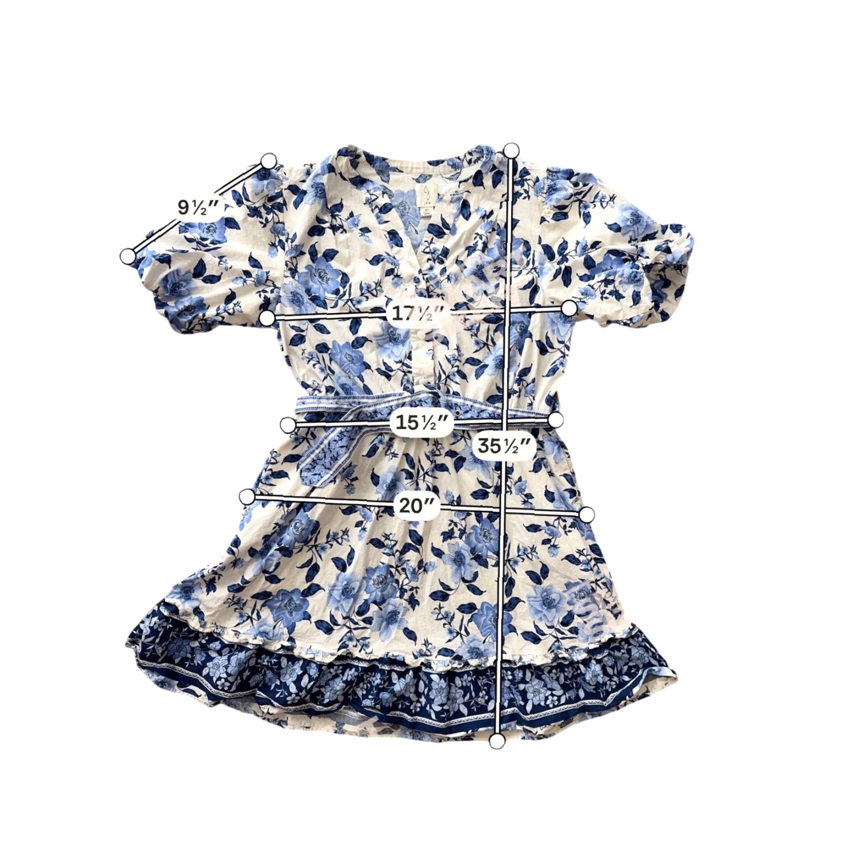Joie Dress Belted Button Puff Sleeve Floral Mini A-Line V-Neck Multicolor  Blue White Coastal
