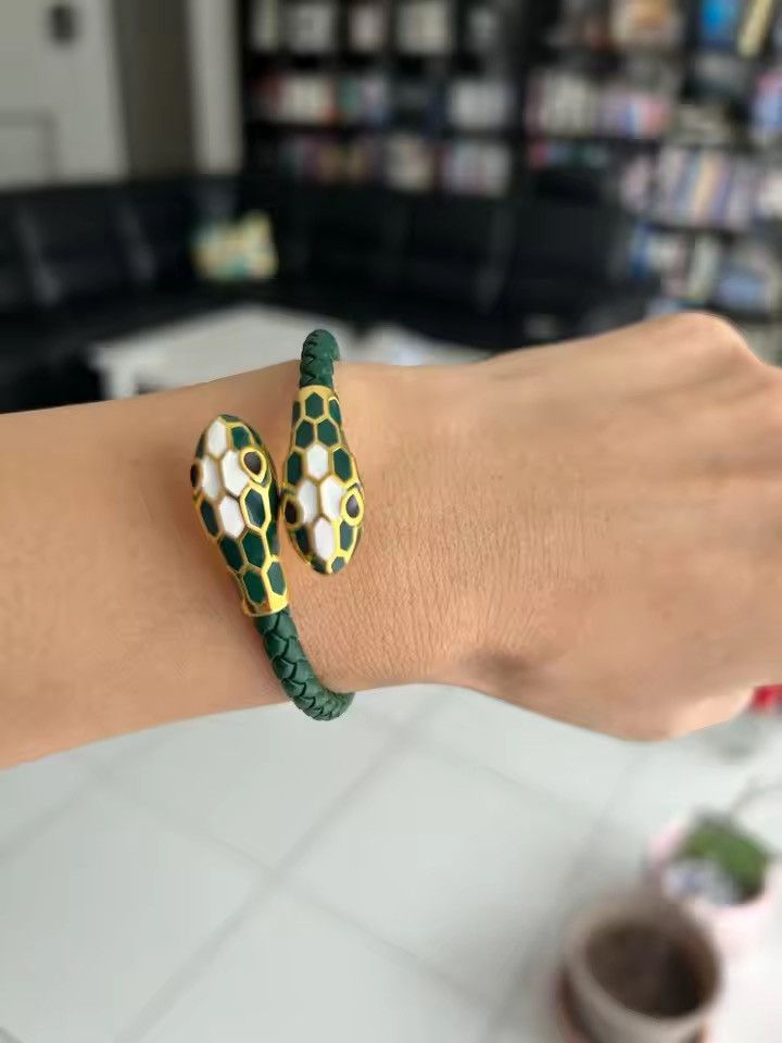 Braided Leather Snake Head Bangle Gold Cuff Bracelet