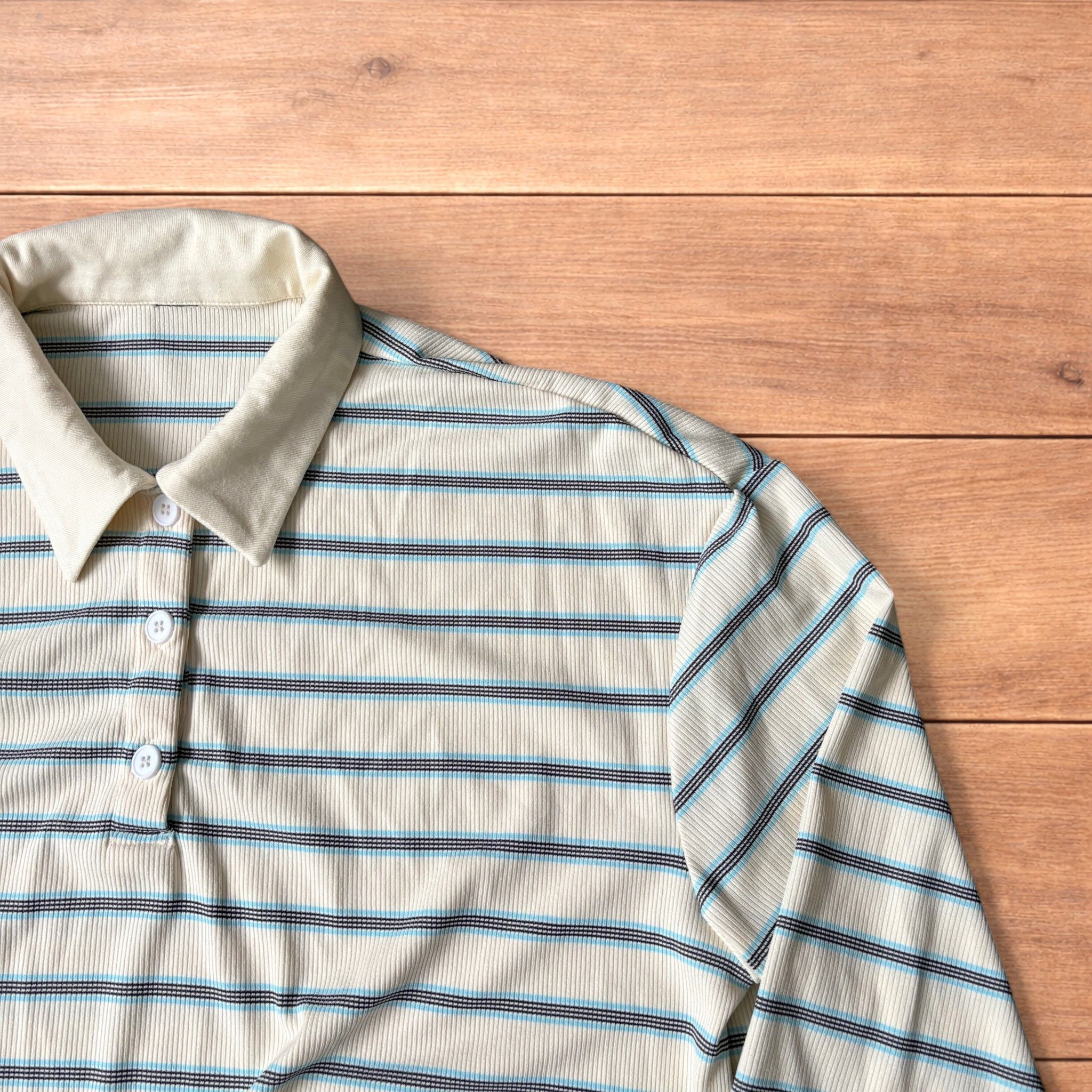 Japanese Brand Relaxed fit striped rugby polo sweatshirt jumper in cream. Size US M / EU 48-50 / 2 - 3 Thumbnail