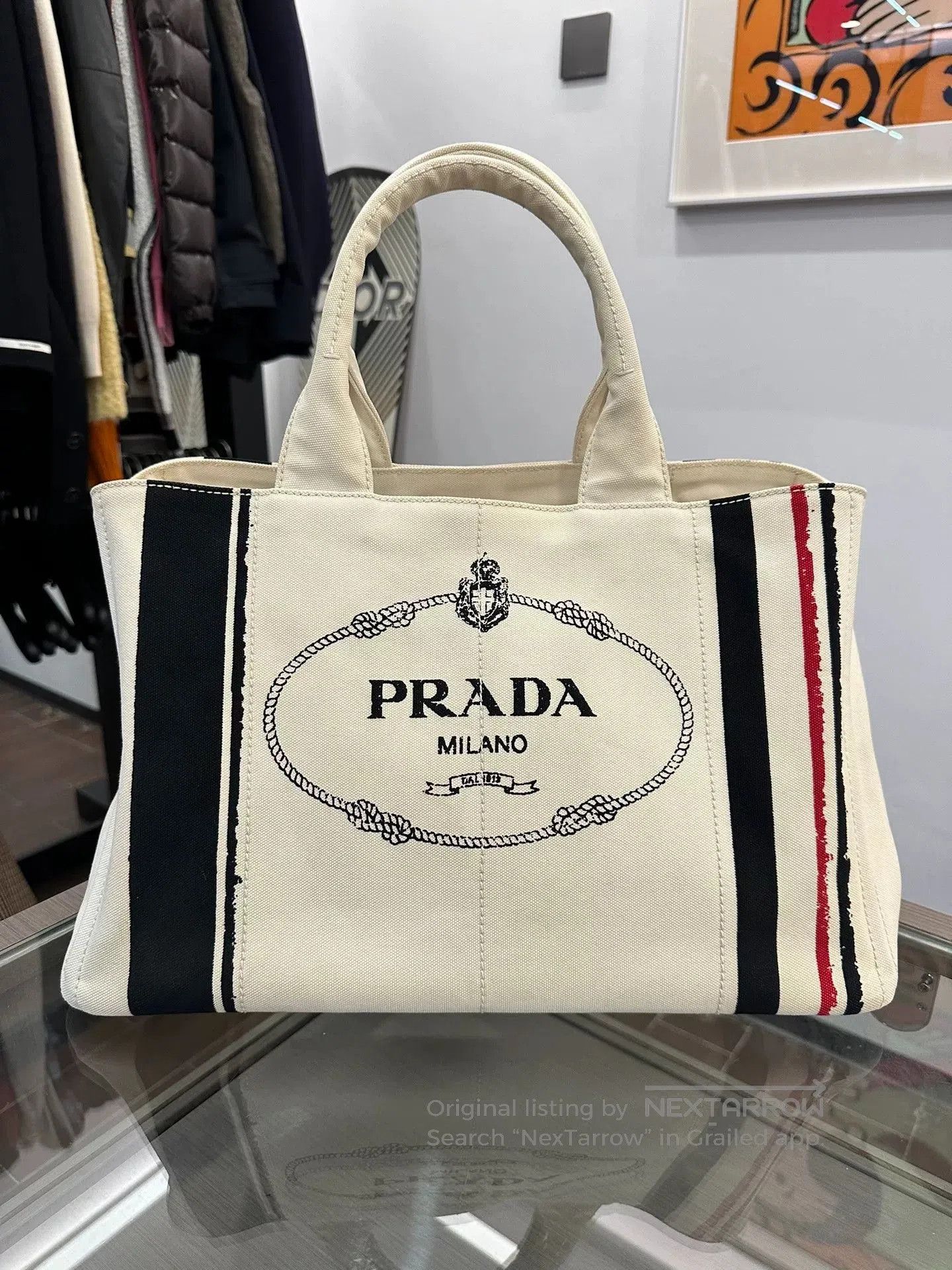 Prada Prada Side Triangle Logo White Striped Canvas Tote. Size ONE SIZE - 1 Thumbnail