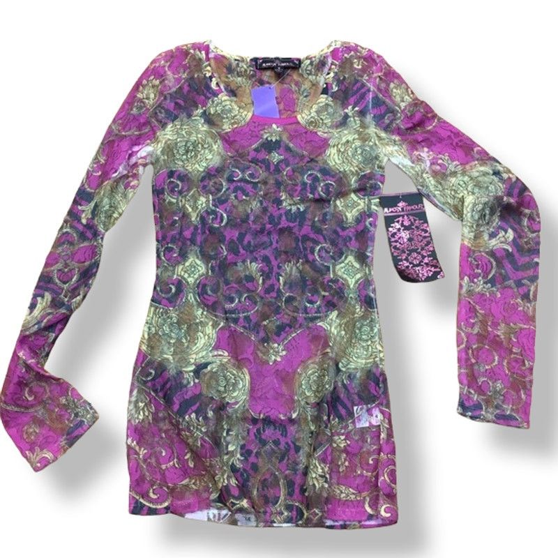 Almost Famous Almost Famous Magenta Gold Baroque Floral Print Lace Top S Size S / US 4 / IT 40 - 1 Thumbnail