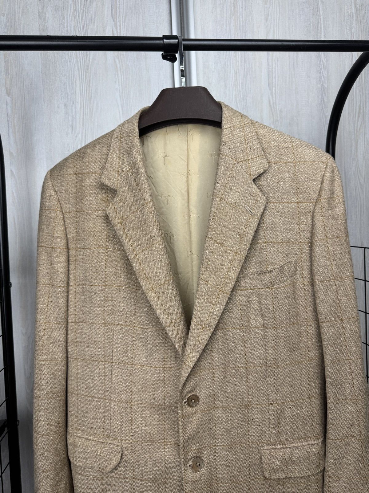 BIJAN Bijan one hundred % beige checkered 2 button blazer Size 44R - 4 Thumbnail