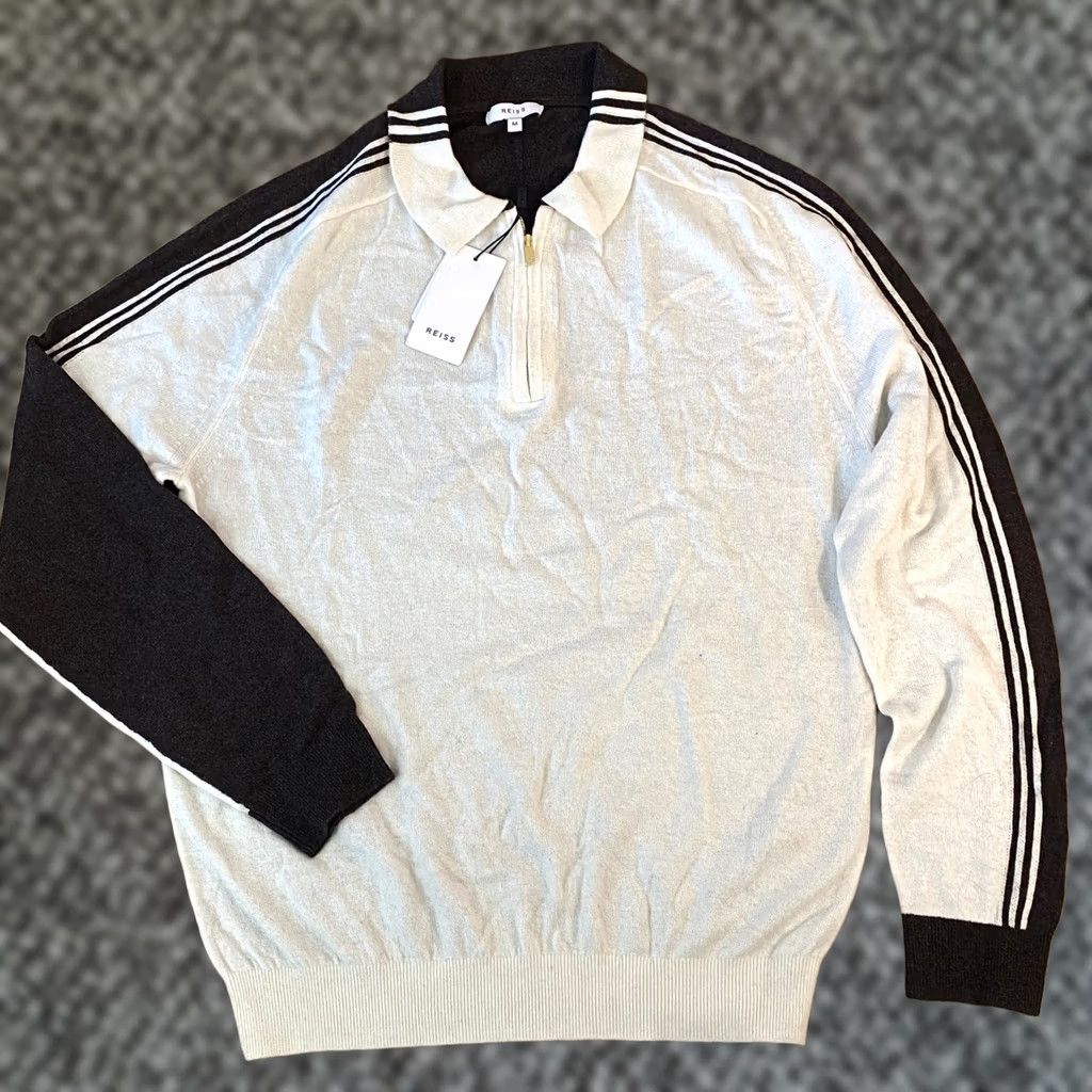 Reiss Reiss Silverthorn Intarsia Knit Quarter Zip Polo Sweater Medium Chocolate Cream Size US M / EU 48-50 / 2 - 1 Thumbnail