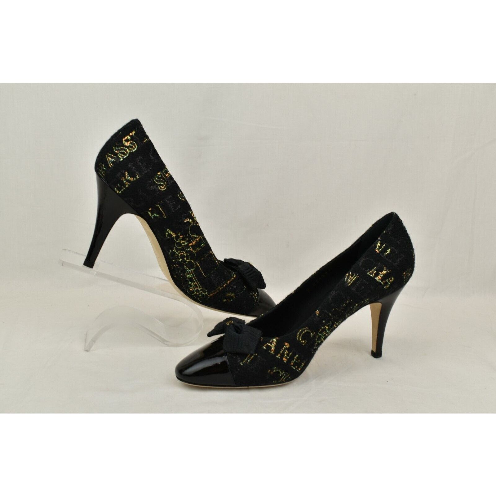 Chanel BLACK G31387 TWEED PATENT LEATHER CAP TOE LOGO BOW PUMPS 40 Size US 10 / IT 40 - 6 Thumbnail