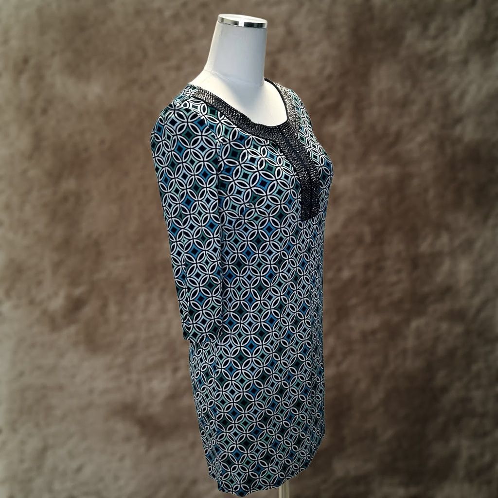 Loft LOFT Geometric Blue Sheath Dress Womens Size 2 Beaded Neckline 3/4 Sleeve Short Dress Lightweight Rayon Vintage No Size XS / US 0-2 / IT 36-38 - 1 Thumbnail