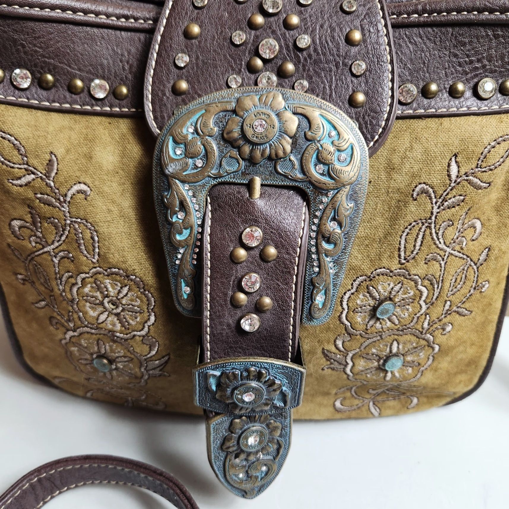 Vintage Montana West Crossbody Bag Brown Canvas Concealed Carry Embroidered Rhinestone Western Faux Leather Strap Women's Medium Size ONE SIZE - 2 Thumbnail