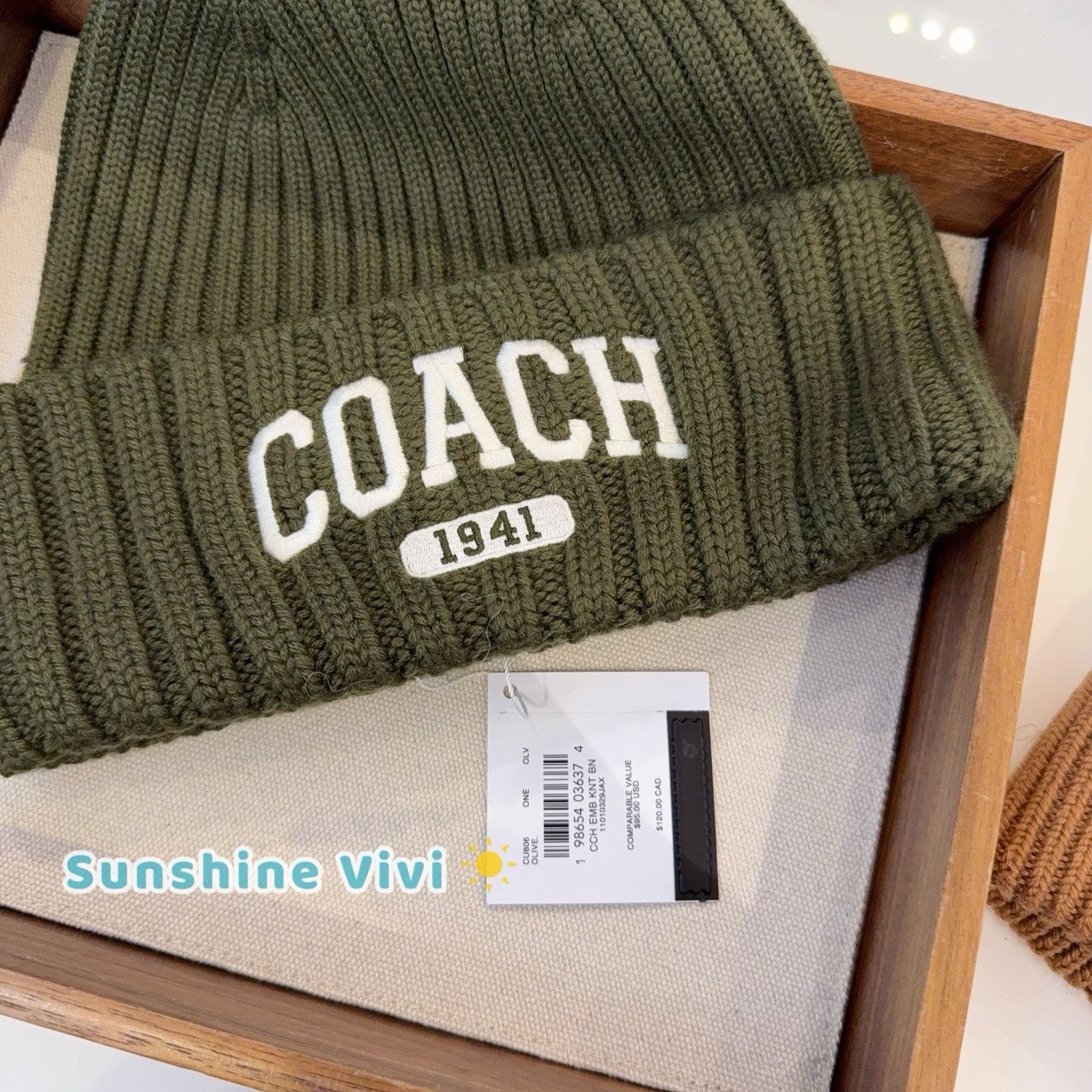 Coach NWT Coach 1941 Embroidered Knit Beanie Wool CU806 Olive Size ONE SIZE - 2 Thumbnail