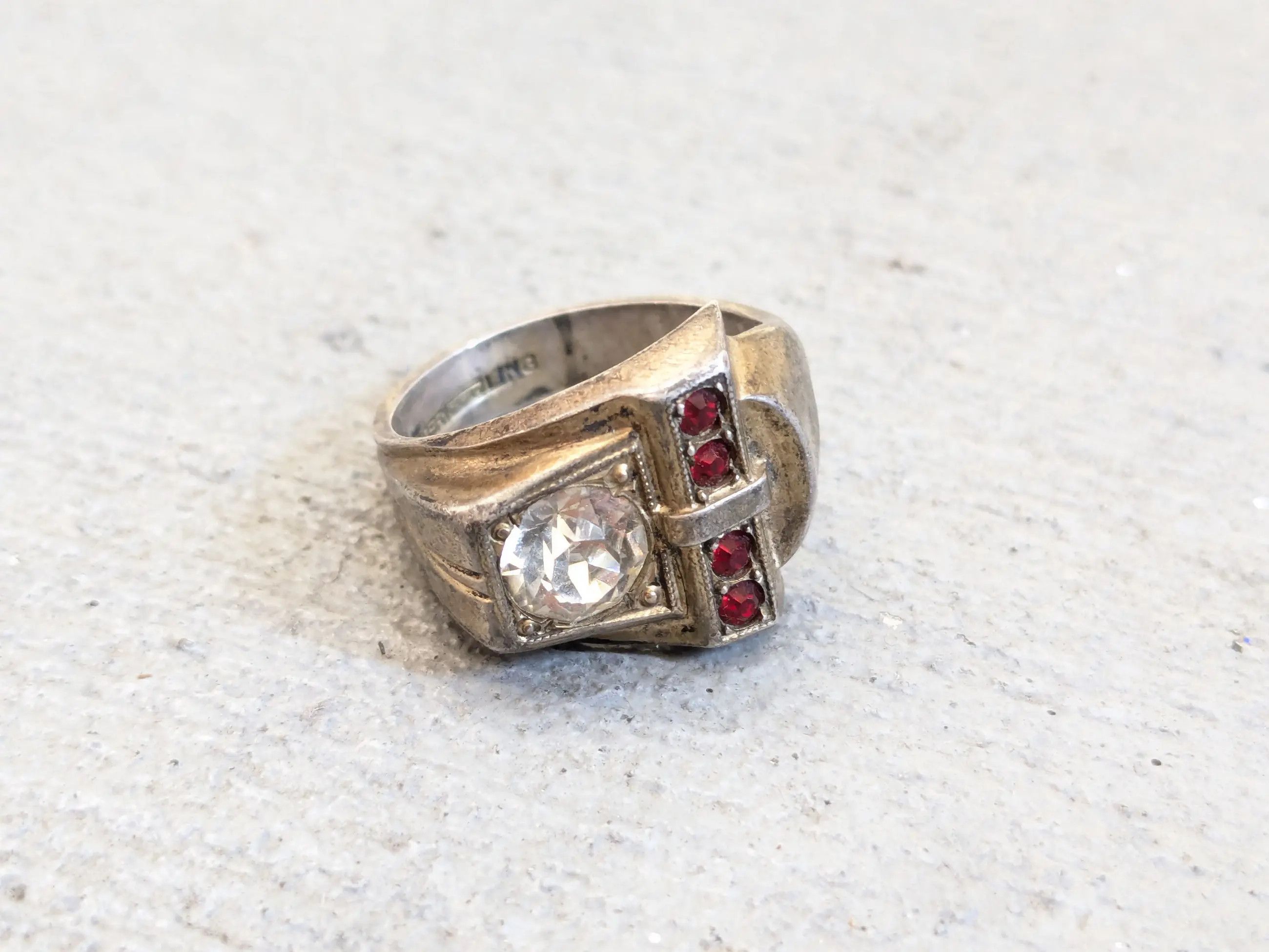 Sterling Silver Vintage Sterling Silver Ring 10.5 Glass Red Clear Theda Belt Size ONE SIZE - 1 Thumbnail