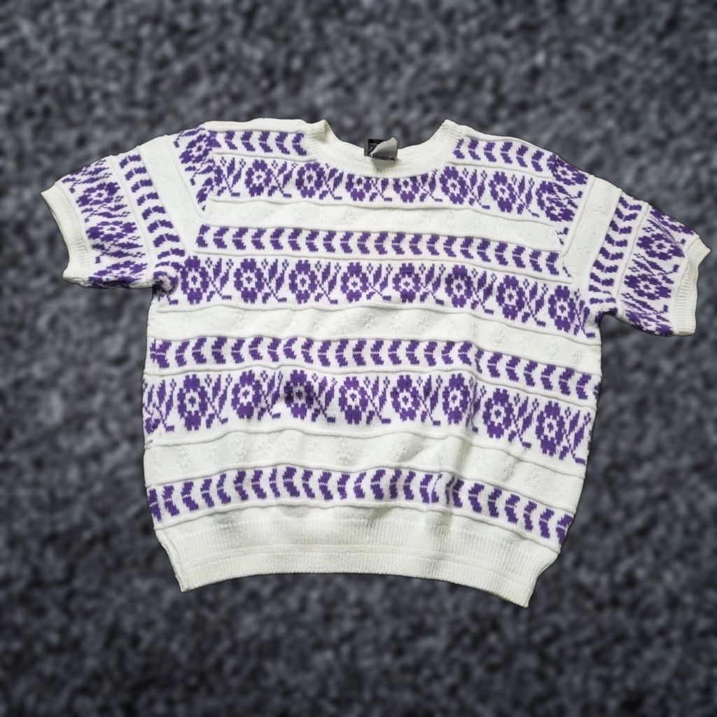 Vintage VINTAGE 80s Nikki Womens XL Short Sleeve Sweater White Purple Floral Acrylic Secretary Geek Style Size XL / US 12-14 / IT 48-50 - 1 Thumbnail