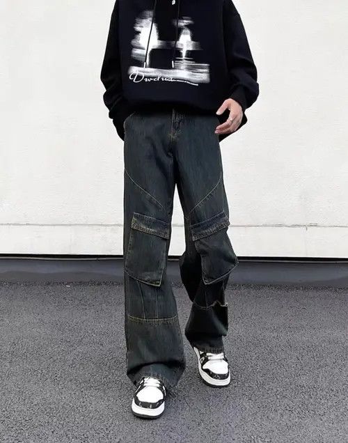 VIBE vintage washed distressed patchwork multi-pocket work jeans Size US 32 / EU 48 - 5 Thumbnail