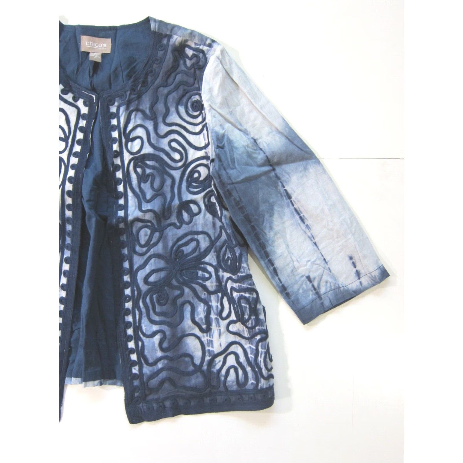 Vintage Chico's 100% Cotton Blue Tie Dye Embroidered Open Cardigan Jacket Women L Large Size L / US 10 / IT 46 - 7 Thumbnail