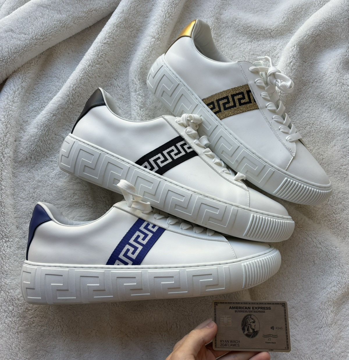 Versace White Striped La Greca Sneakers