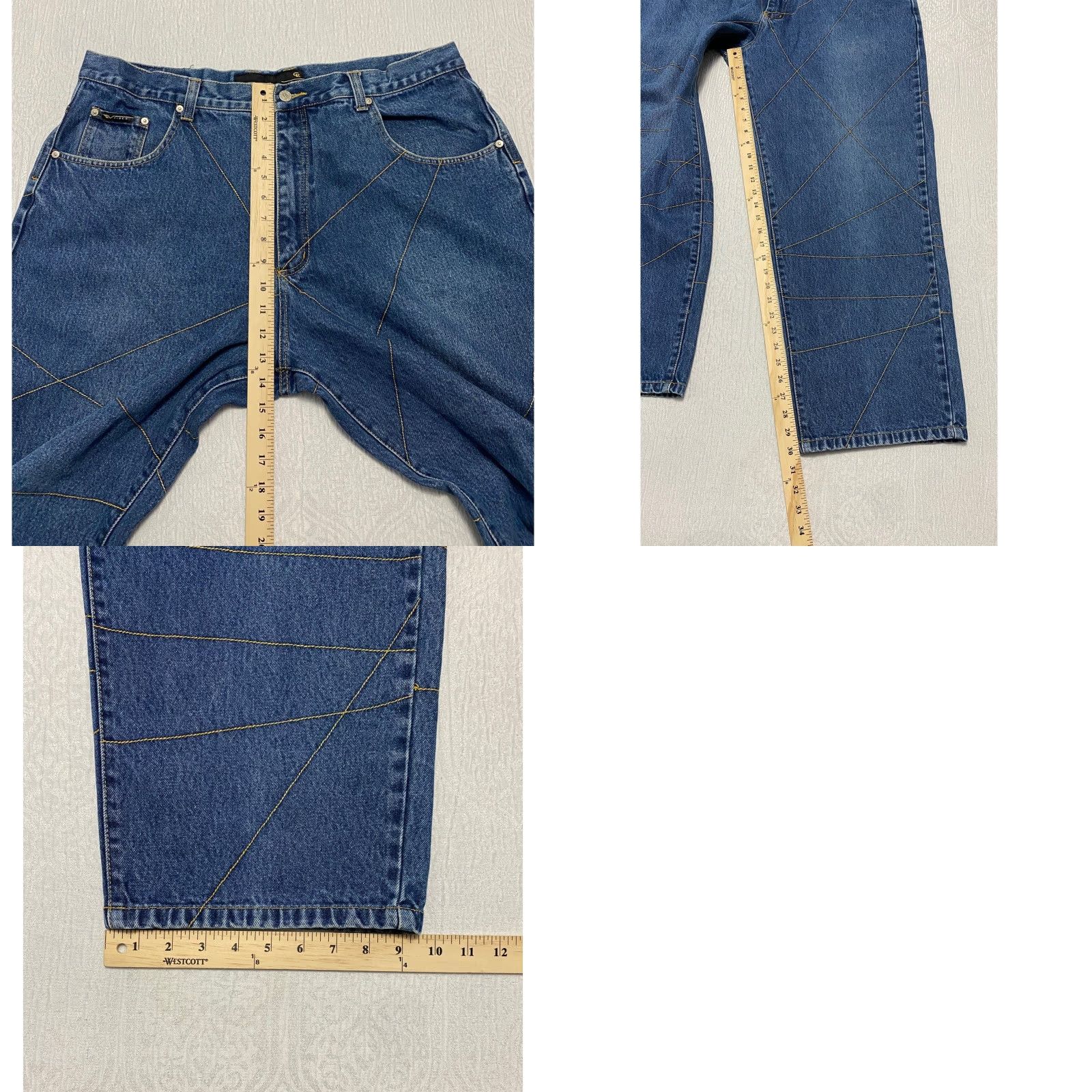 VIBE VIBES Vibes GL Gold Label Baggy Y2K Jeans Men 42x32 Blue Geometric Stitching Denim Cotton 90s Hip Hop Straight 5-Pocket Baggy Button Mens Size US 42 / EU 58 - 8 Thumbnail