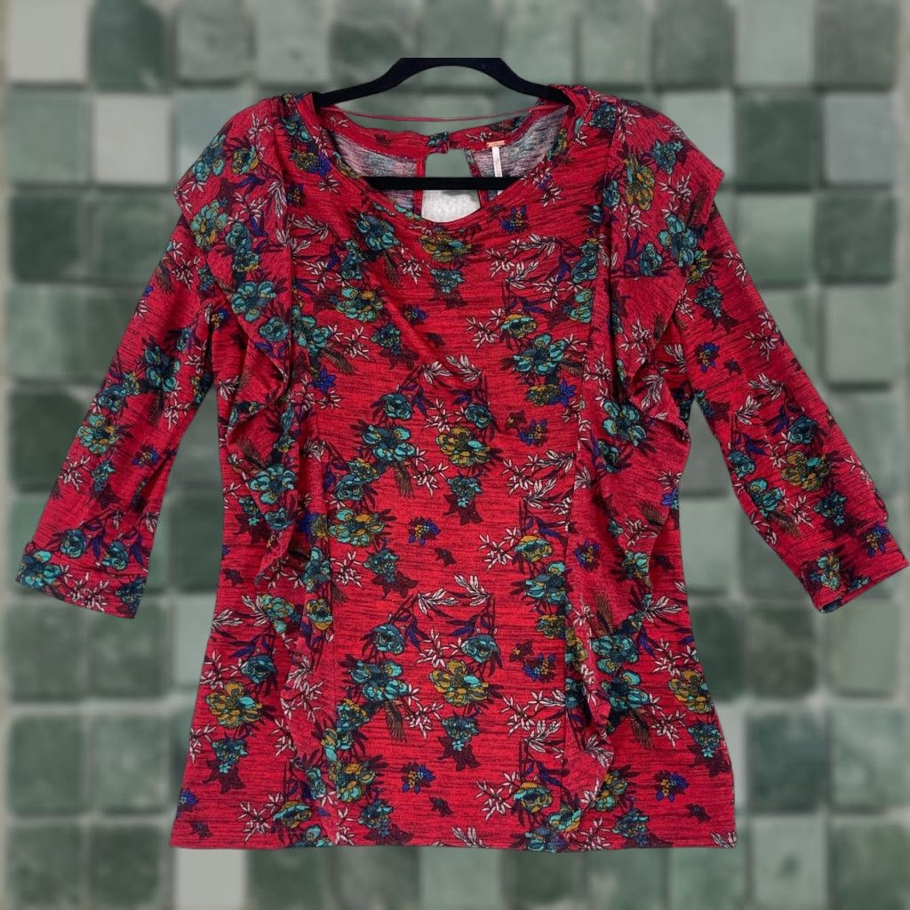Free People Free People Dock Street Ruffle Shirt Womens 3/4 Sleeve Medium Red Floral Bohemian Casual Shirt Size M / US 6-8 / IT 42-44 - 1 Thumbnail