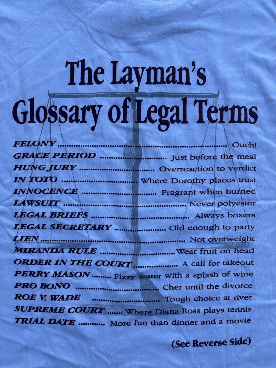 Fruit Of The Loom 1990s TUSA “The Layman’s Glossary Of Legal Terms” Tee Sz. XL Size US XL / EU 56 / 4 - 5 Thumbnail