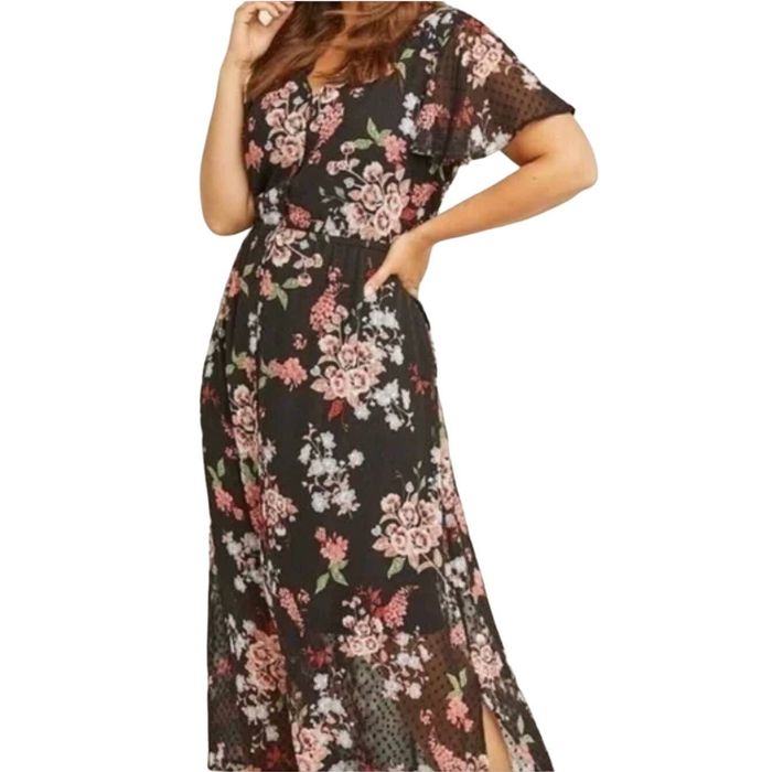 Other Lane Bryant Black Pink Floral Textured Maxi Dress 22 Flutter