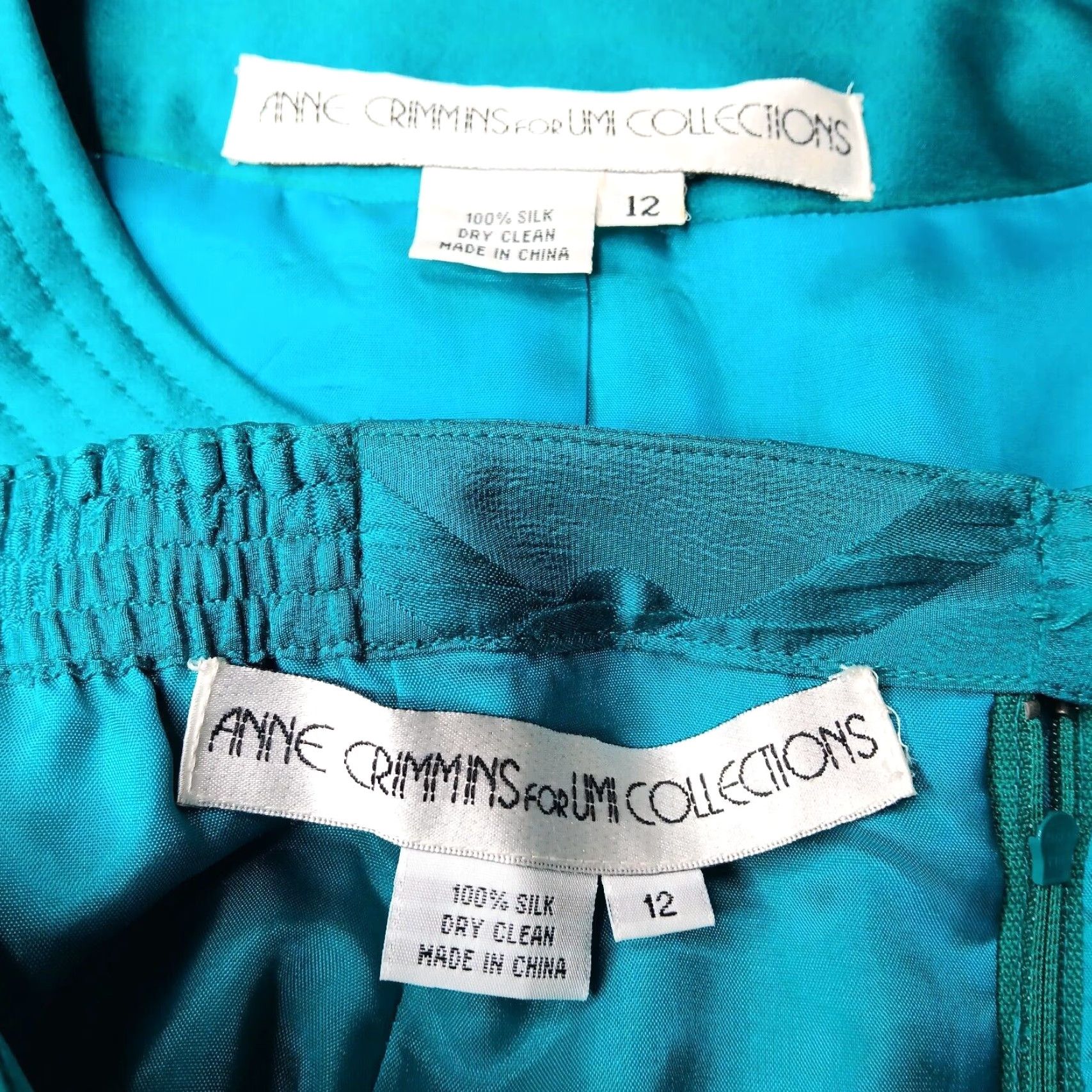 Vintage VINTAGE Anne Crimmins Umi Collections Skirt Suit Teal Silk Set - 2 Piece - Size 12 - Jacket and Skirt - Women - Office Wear - Formal - Silk - Read Size 34" / US 12 / IT 48 - 6 Thumbnail
