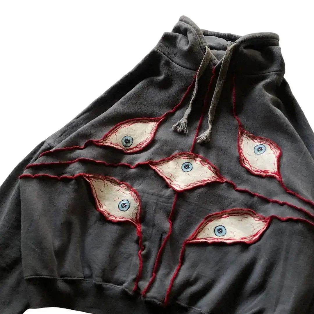 image of Y2K Vintage Patchwork Eyes Hoodie in Grey, Men's (Size Small)