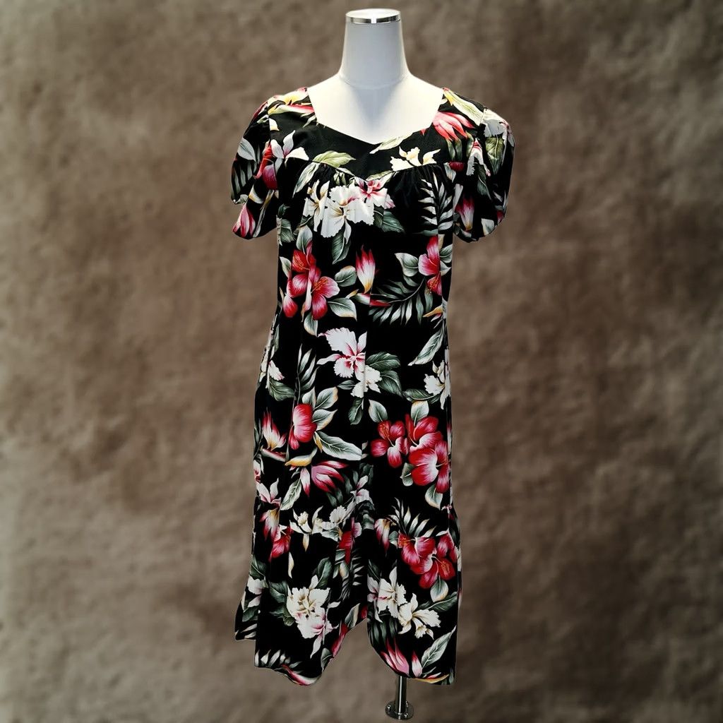 Vintage Vintage KY'S Women's Muumuu Hawaiian Midi Dress Cotton Black Floral Large Size L / US 10 / IT 46 - 1 Thumbnail