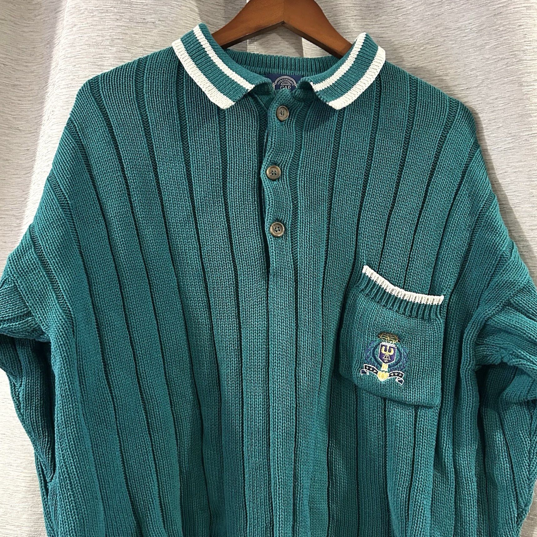 Gap VINTAGE GAP Embroidered Distressed Collared Collegiate Sweater Size Large Men Sweater Teal 1980s Classic Preppy Pullover Size US L / EU 52-54 / 3 - 3 Thumbnail