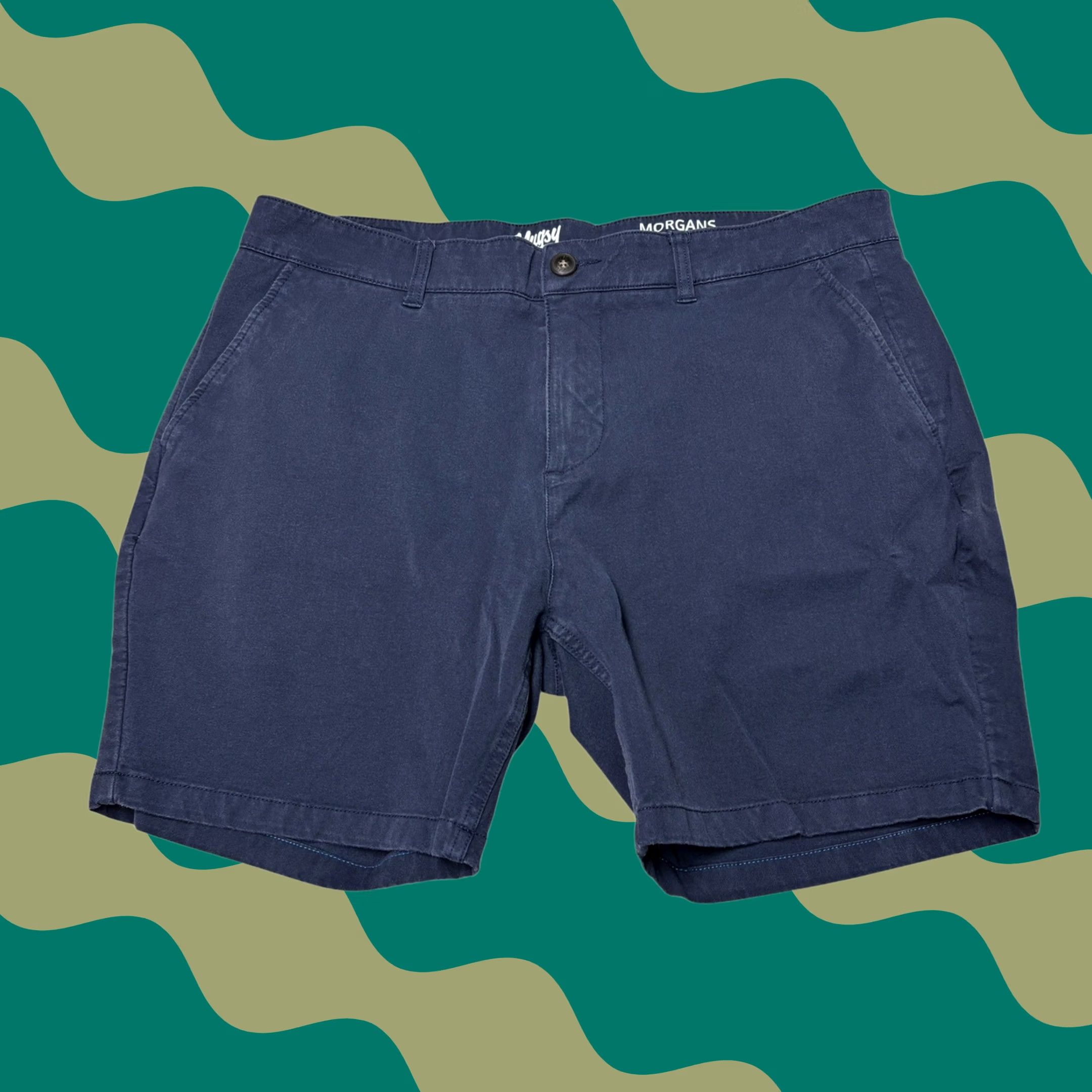 Vintage Mugsy Morgans Navy Blue Chino Shorts Mens 38x7 Casual Travel Comfort Stretch Pocket Zip Button 7 Inseam Mid Rise Cotton Blend Size US 38 / EU 54 - 1 Thumbnail