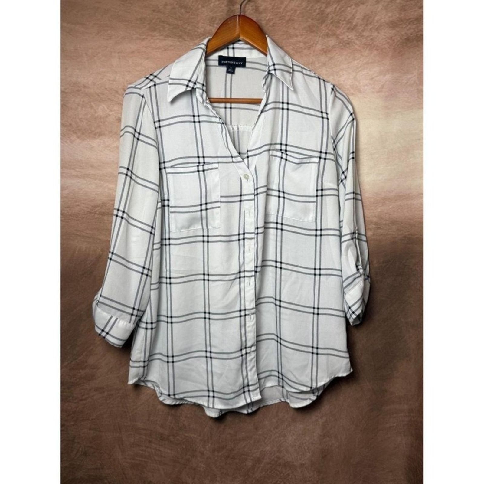 Other Fortune + Ivy White Black Plaid Blouse M Roll Tab Sleeve Top Size M / US 6-8 / IT 42-44 - 3 Thumbnail