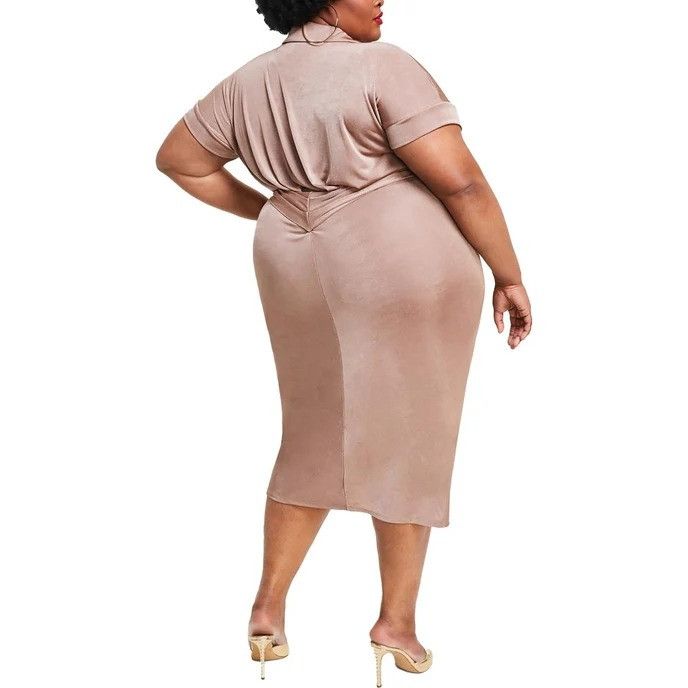 Other Nina Parker Plus Size 2X Trendy Tan Tie-Front Ruched Shirtdr Size XXL / US 16-18 / IT 52-54 - 2 Thumbnail