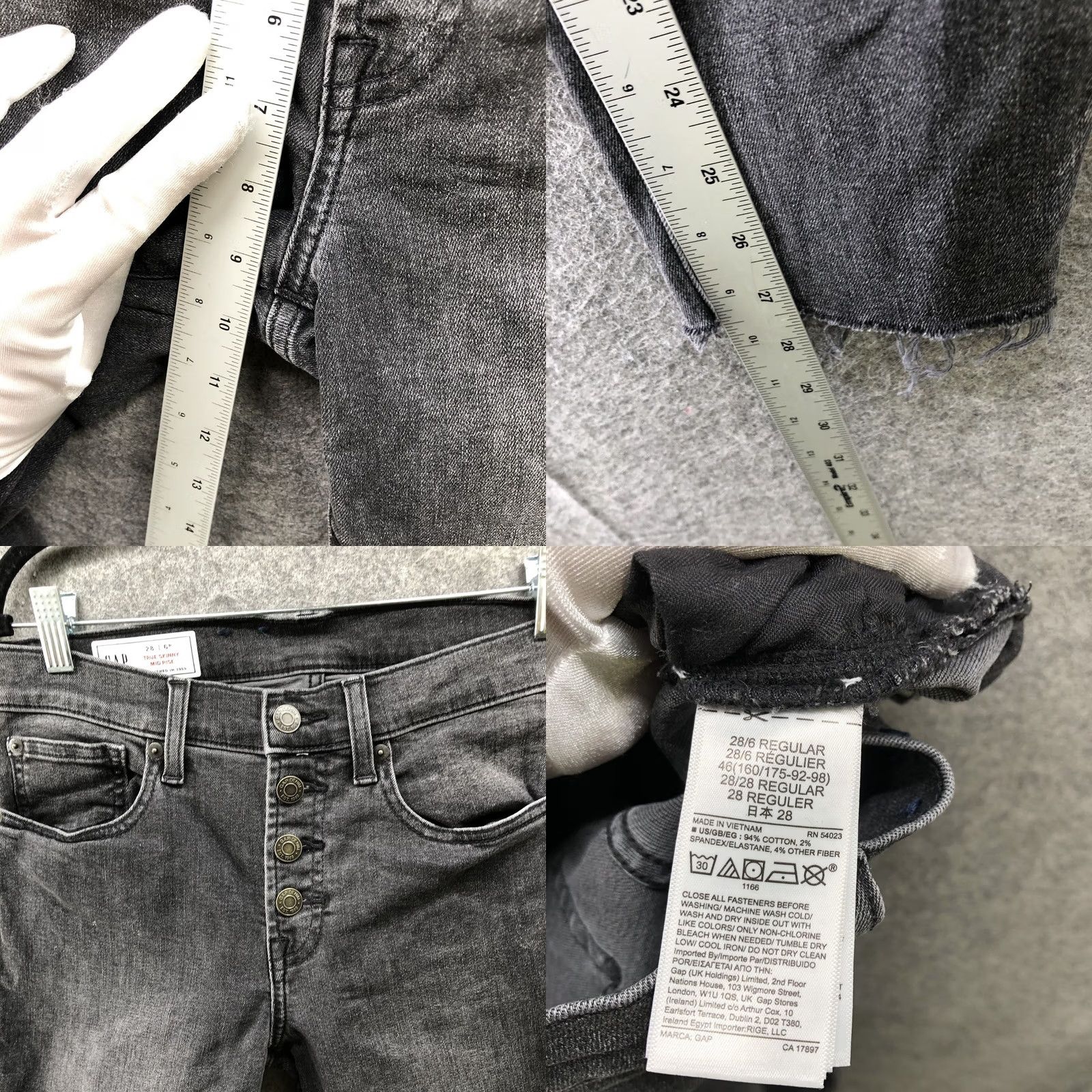 Gap Gap True Skinny Mid Rise Jeans Womens 6 Washed Black Button Fly Stretch Raw Hem Jeans Size 28" / US 6 / IT 42 - 8 Thumbnail