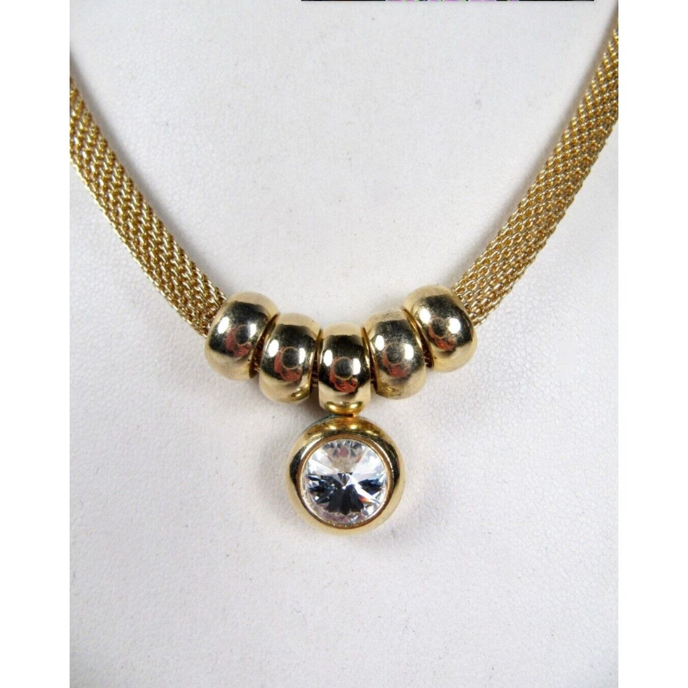 Vintage Gold Tone Metal Mesh Tube Necklace Ring Stoned Pendant Circa Size ONE SIZE - 15 Thumbnail