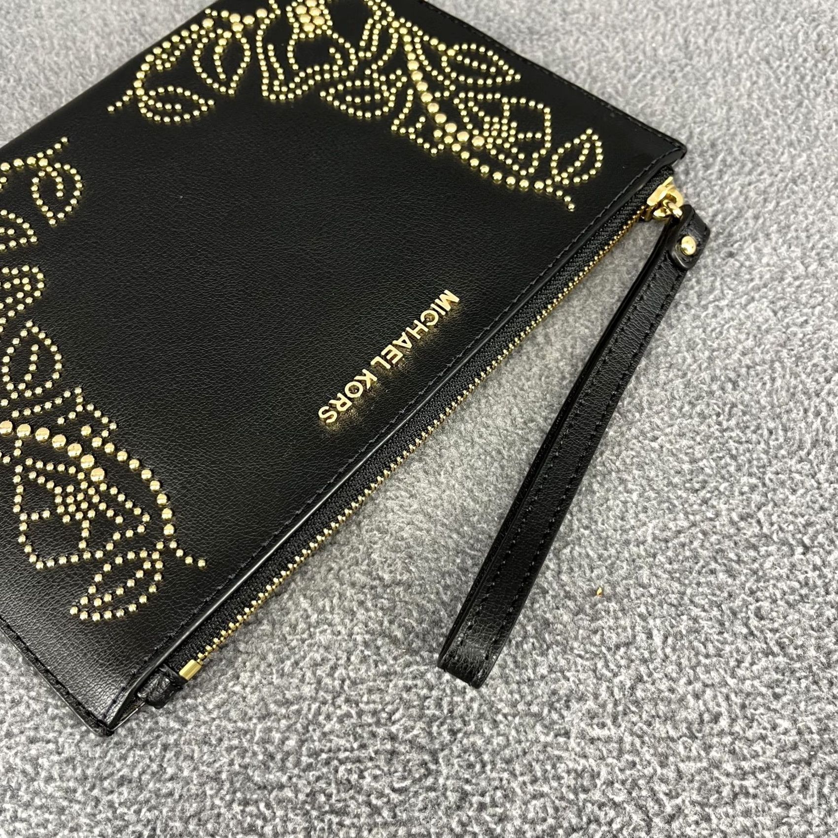 Michael Kors Michael Kors Wristlet Clutch Womens Floral Zip Pouch Bag Purse Black Gold Studded Leather MK Ava Clutch Womens Size ONE SIZE - 6 Thumbnail