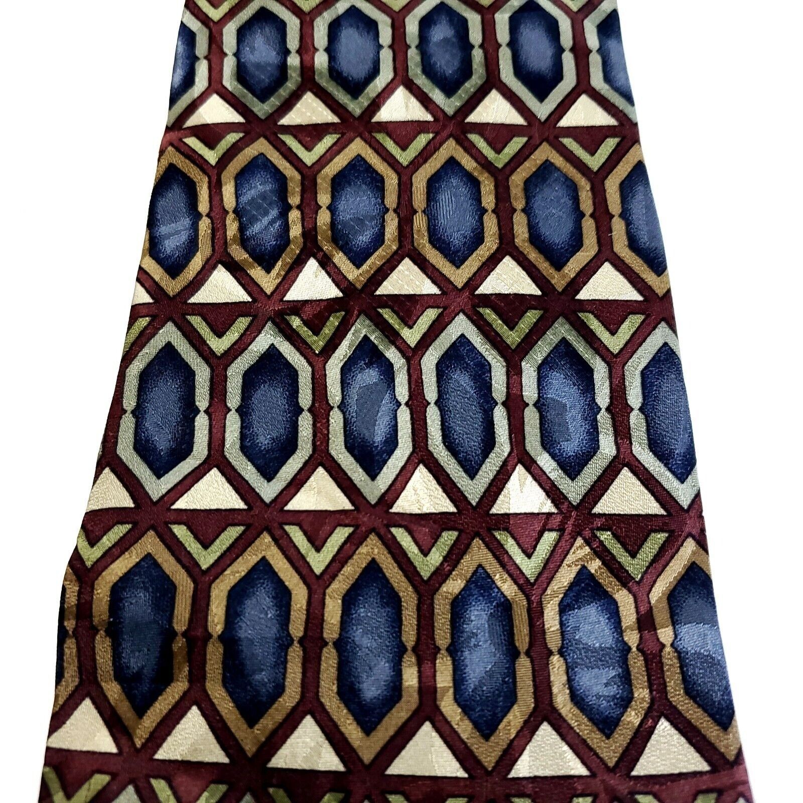 Vintage Z. Inc Blue Tan Jacquard Geometric Print Wide Silk Tie Size ONE SIZE - 2 Thumbnail