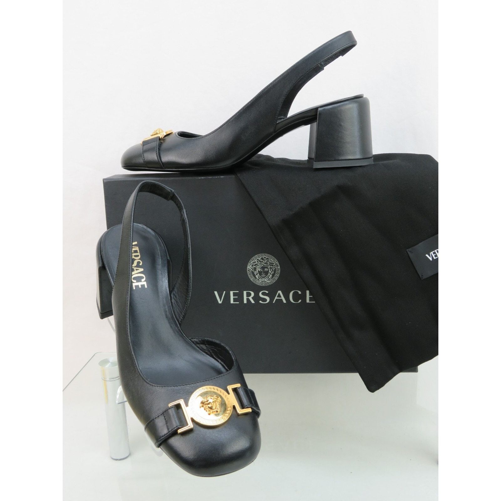 Versace Black Leather Gold Medusa Sandals Low Heel Shoes Pumps 37, Women's