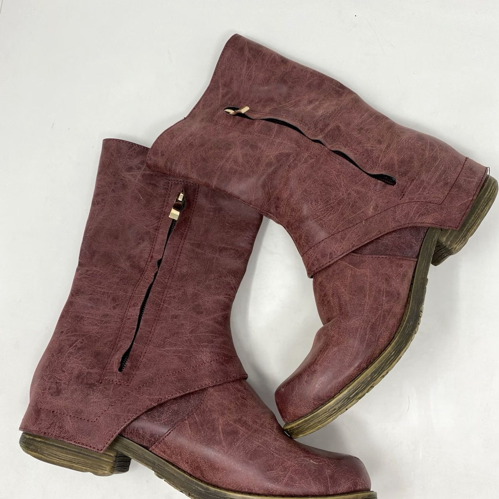Vintage French Blu Boot Red Distressed Look Buckle Mid Calf Equestrian Riding Leather Ankle Boot Women Vintage No N/A Size US 9 / IT 39 - 4 Thumbnail