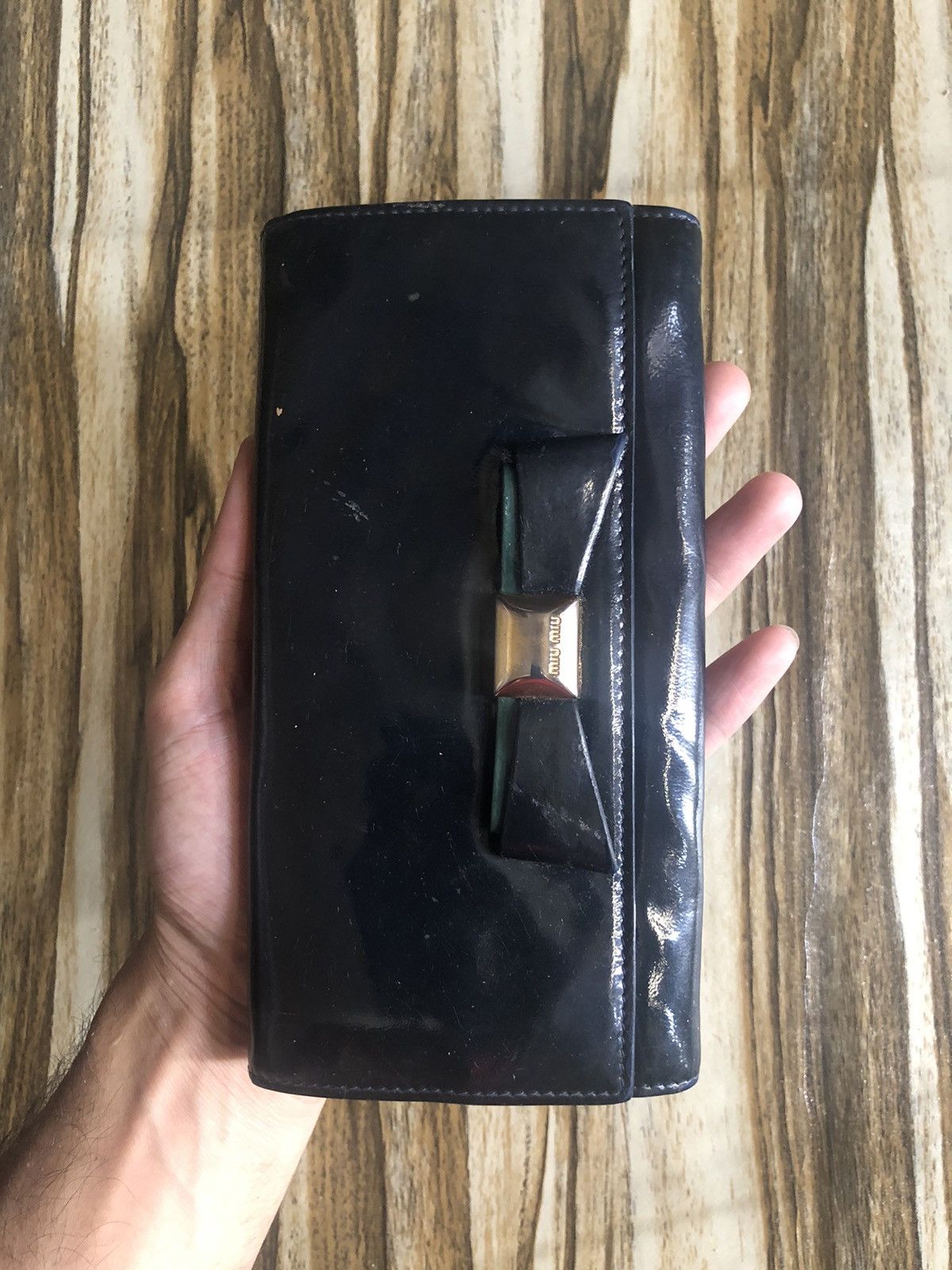 Miu Miu Miu Miu Dark Blue Patent Leather Bow Flap Wallet Prada Size ONE SIZE - 2 Thumbnail