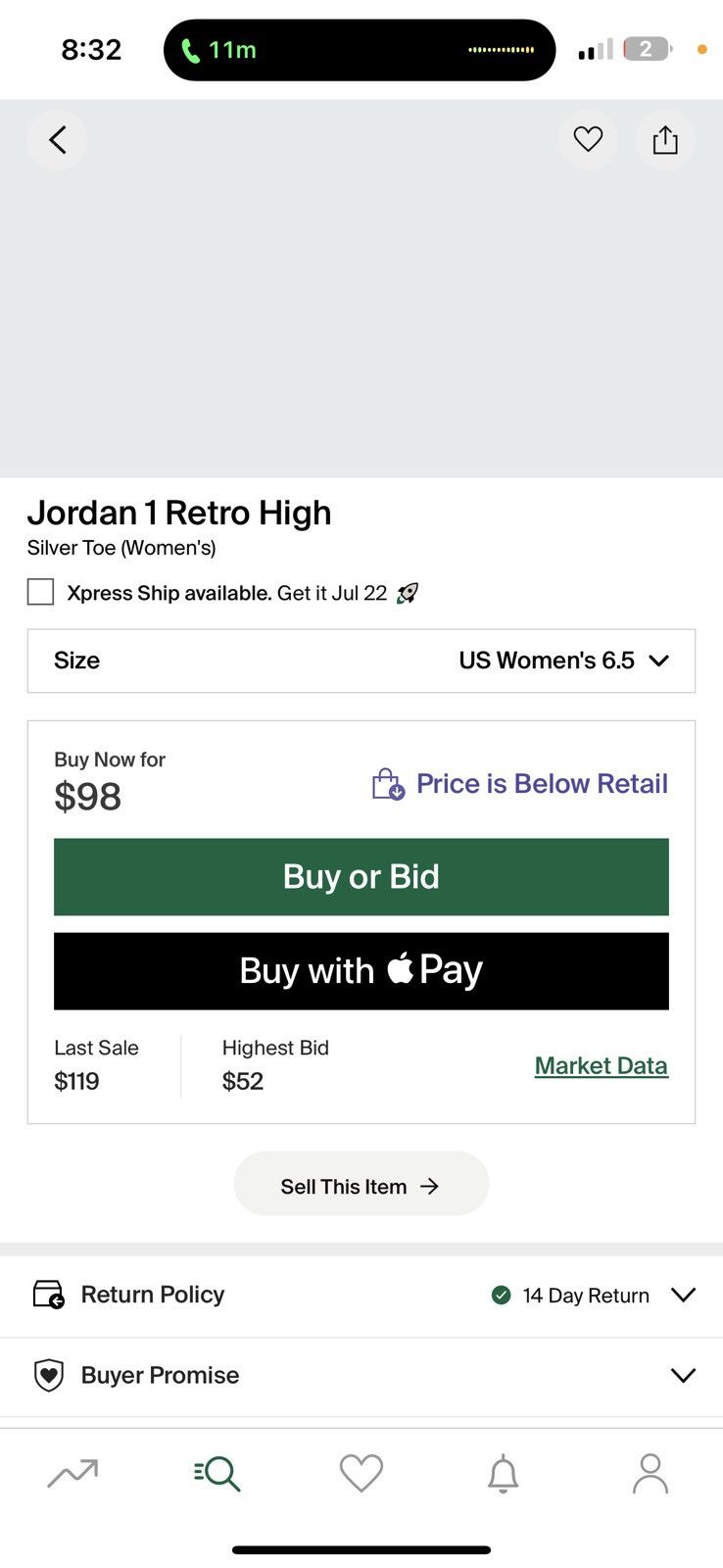 Nike Jordan 1 Retro High Silver Toe (Women's) Size US 6.5 / IT 36.5 - 6 Thumbnail