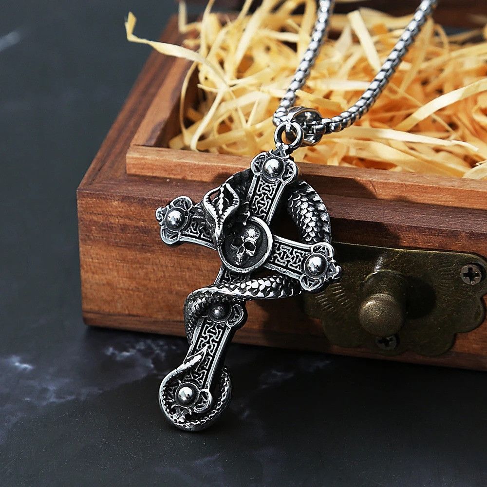 Vintage Dragon Skull Cross Pendant Necklace Size ONE SIZE - 4 Thumbnail