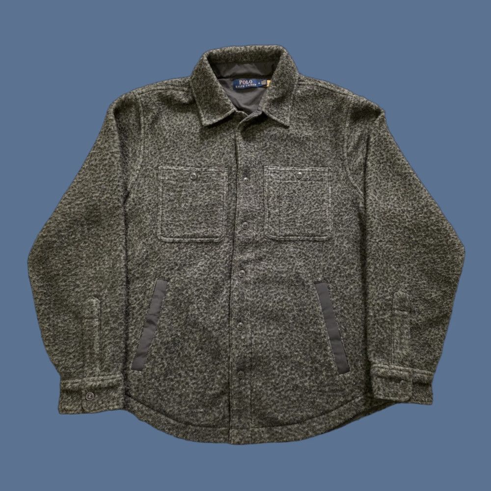 Polo Ralph Lauren Shirt Jacket Gray Men M Fleece Polyester Button Up Brushed Casual Outwear Mid-Length Pockets