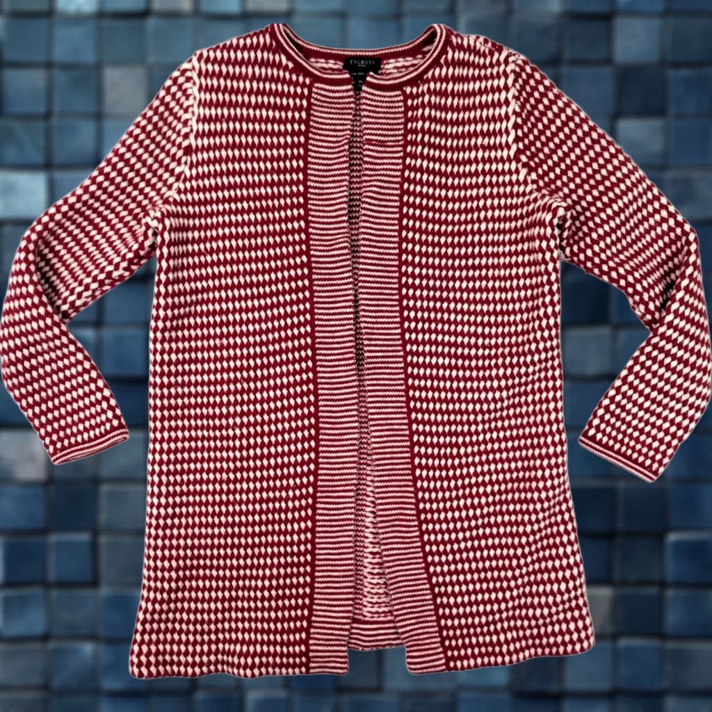 Talbots Talbots Cardigan Women M Petite Open Red White Merino Wool Argyle Knit Buttonless Casual Size M / US 6-8 / IT 42-44 - 1 Thumbnail