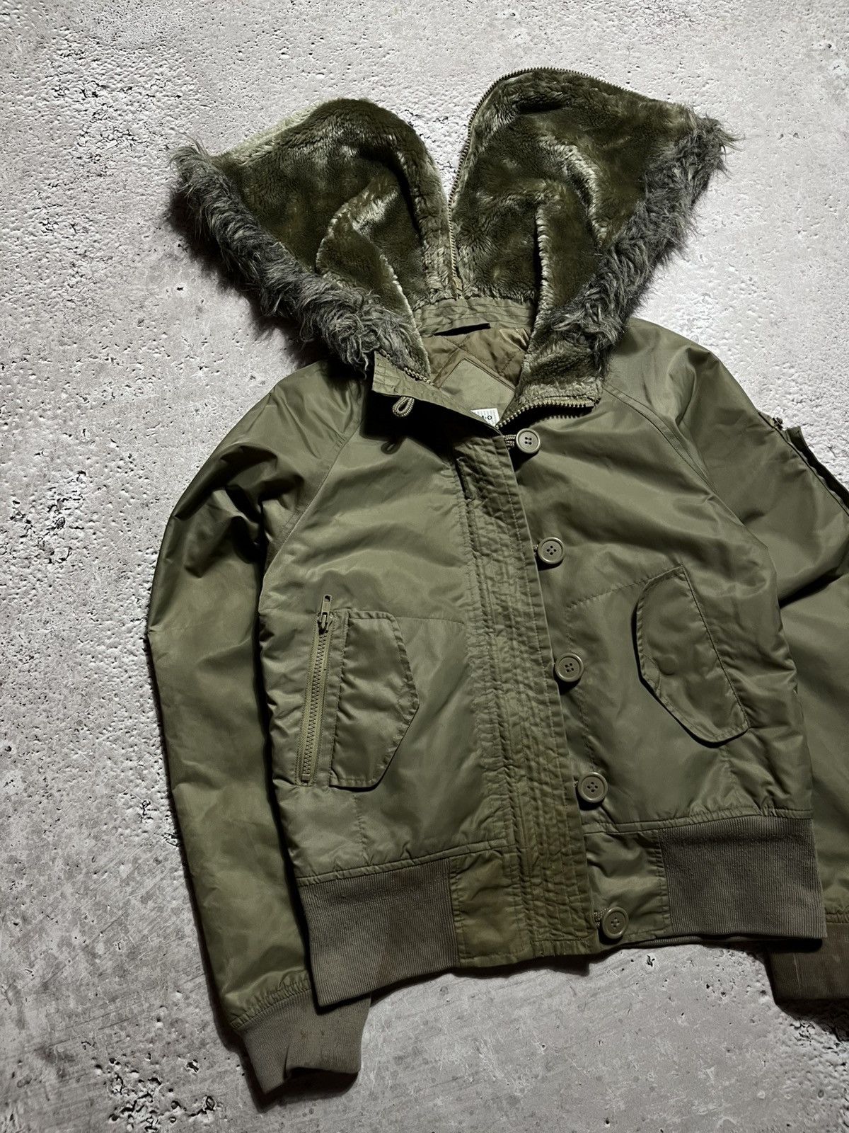 Japanese Brand × Vintage Olive bomber jacket with faux fur split zipup hood Y2K style Size M / US 6-8 / IT 42-44 - 3 Thumbnail