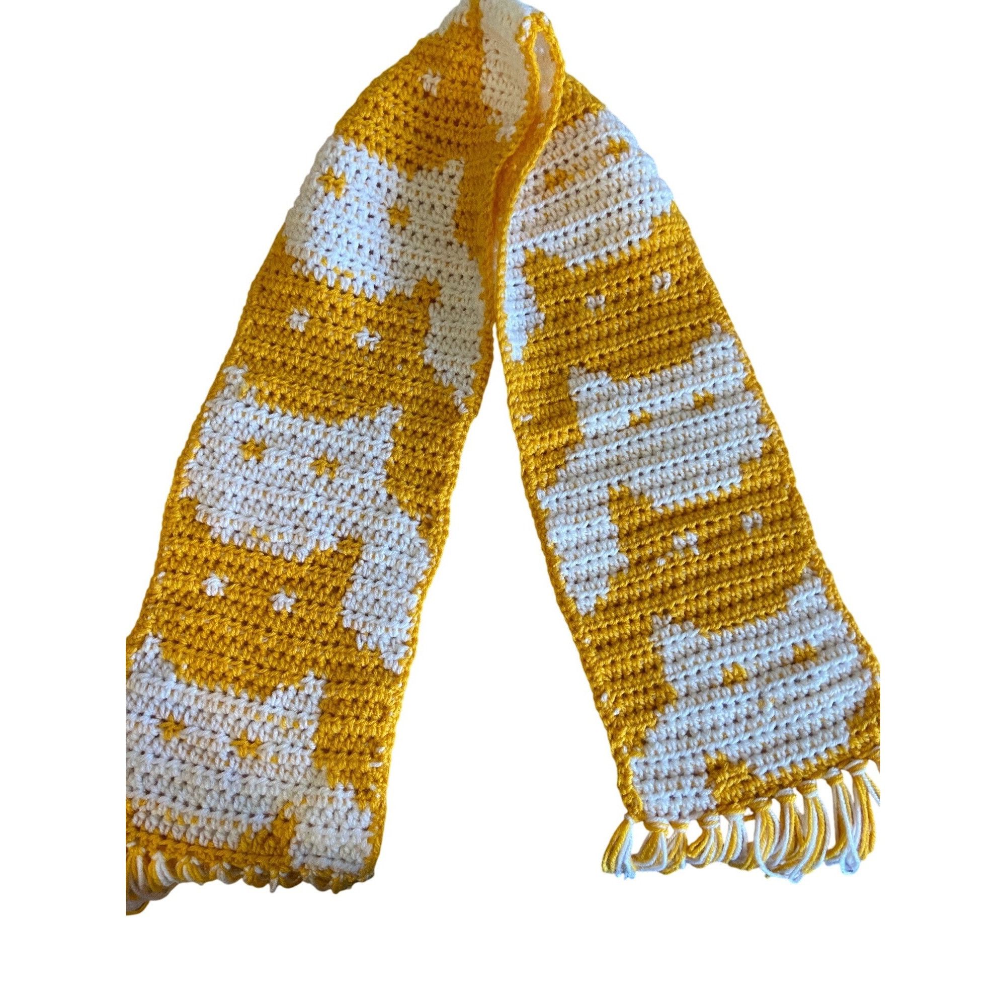 Other Handmade Crochet Winter Scarf Cat Motif Yellow/White W/5” Fr Size ONE SIZE - 1 Thumbnail