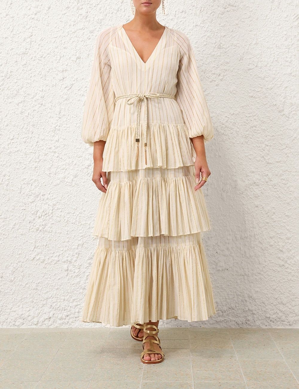 Zimmermann oc11z0525 Waverly Tiered Midi Dress in Ivory & Gold Size L / US 10 / IT 46 - 3 Thumbnail