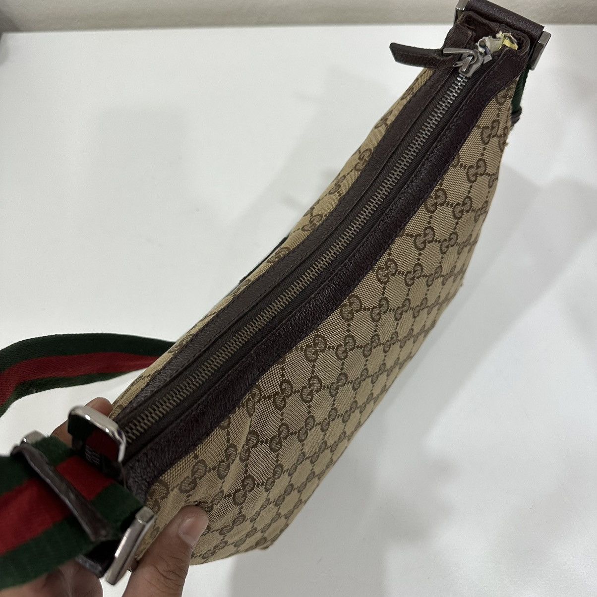 Gucci GUCCI GG MONOGRAM CANVAS WEB HALF MOON CROSSBODY BAG 16 Size ONE SIZE - 12 Thumbnail