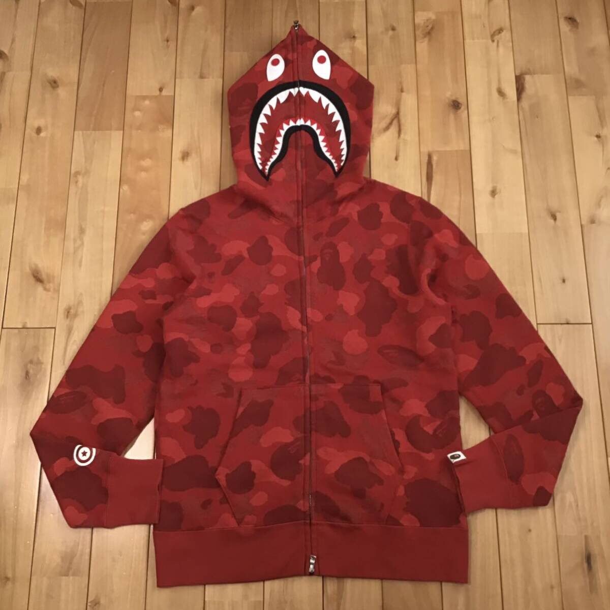image of Bape Jacquard Camo Shark Full Zip Hoodie A Bathing Ape in Red Camo, Men's (Size Medium)