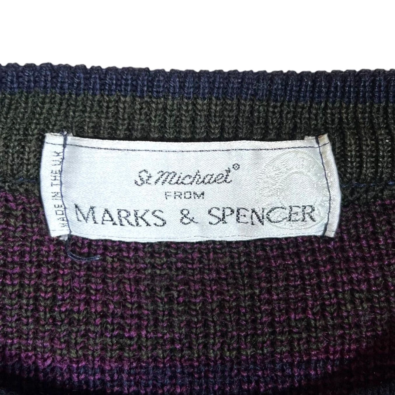 Vintage Vintage ST MICHAEL Marks & Spender Grandad Patterned Acrylic Knit Jumper Medium Navy Blue Size US M / EU 48-50 / 2 - 4 Thumbnail