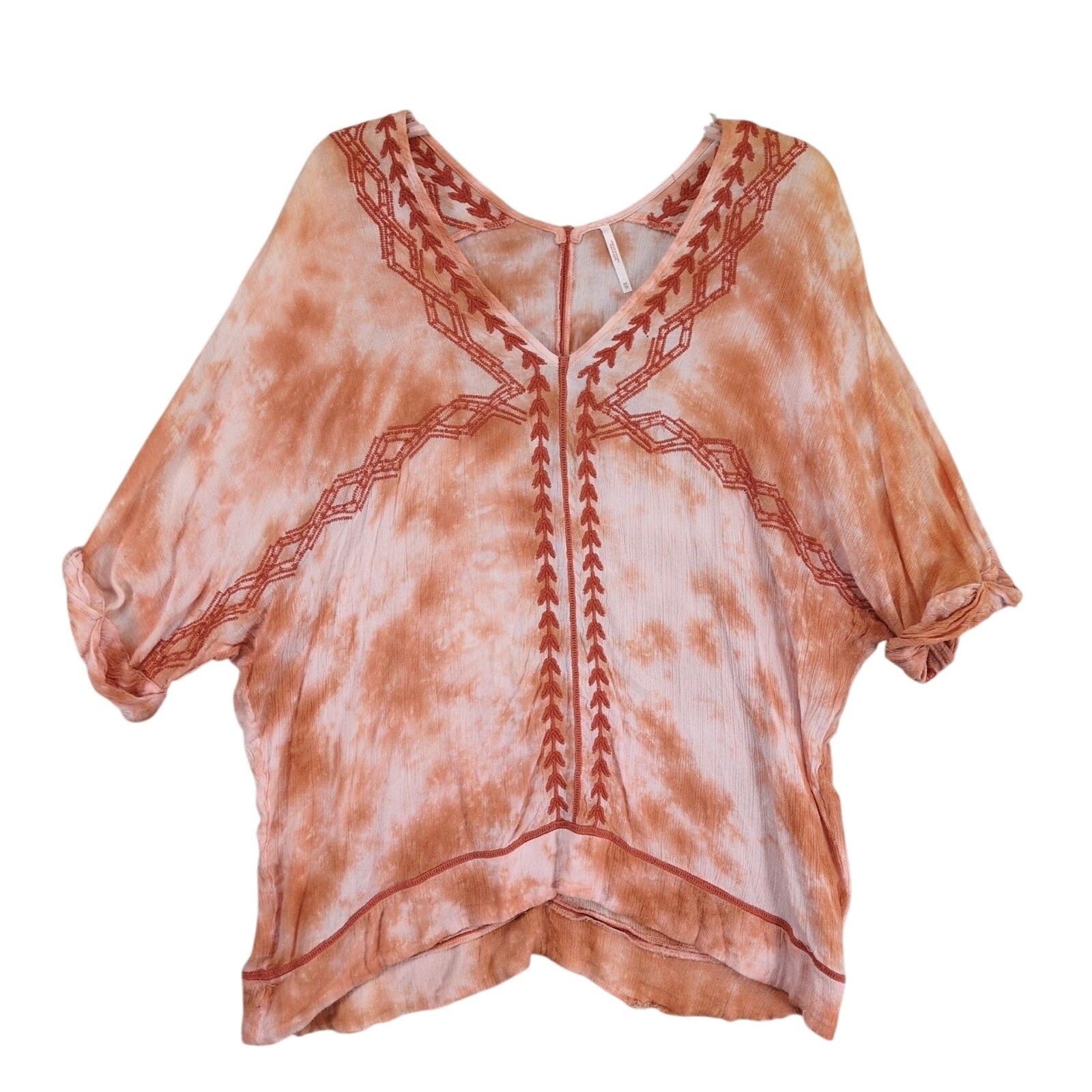Free People Free People Women's XS Embroidered Orange Tie Dye Blouse Top Size XS / US 0-2 / IT 36-38 - 2 Thumbnail